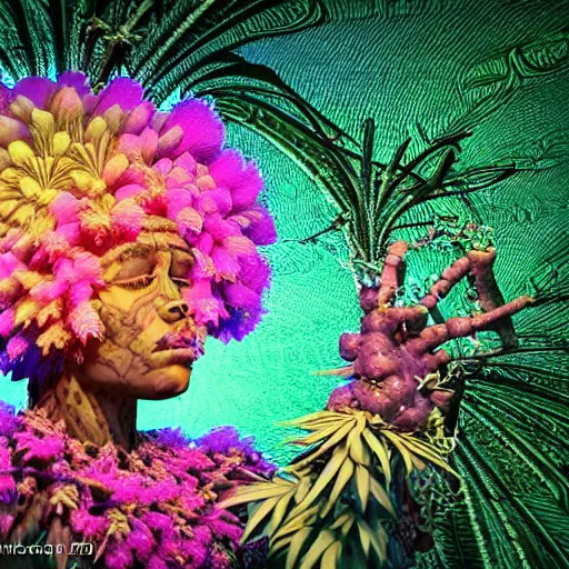 Image similar to an african marijuanna! shaman with an afro made of flowers, third eye art art by machina infinitum, complexity from simplicity, rendered in octane, mandelbulb 3 d, ambient occlusion, macro photography, felt!!! texture, tribal, neon! retrowave