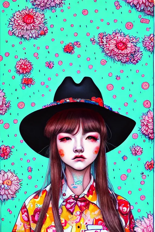 Image similar to girl wearing cowboy hat, style of yoshii chie and hikari shimoda and martine johanna, highly detailed