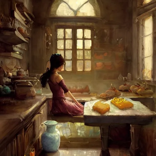 Image similar to prompt Sweet dragon, sleeping on the kitchen counter of a magical bakery, oil painting, by Fernanda Suarez and and Edgar Maxence and greg rutkowski