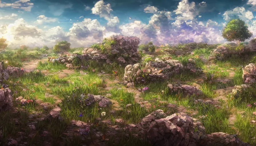 Prompt: the beautiful, dreamy, wistful view of a field after war filled with death and rocks. hyperrealistic anime background illustration, colorful, extremely detailed intricate linework, smooth, super sharp focus, bright colors, high contrast, matte, octopath traveler, unreal engine 5 highly rendered, global illumination, radiant light