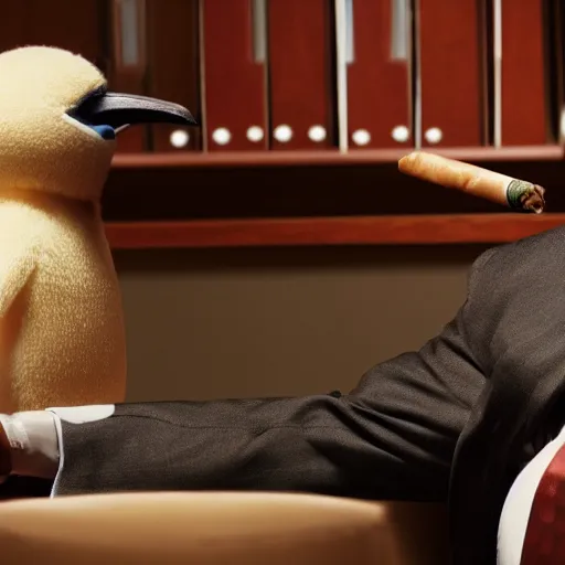 Prompt: cinematic shot of an anthropomorphic penguin wearing a suit and tie and holding a cigar in an office, very detailed, very intricate,