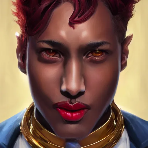 Image similar to portrait of a beautiful nonbinary actor with dark skin and messy short red hair wearing a men's suit, elf ears and gold eyes, by Gerald Brom and Ross Tran, dramatic lighting, 4K, trending on artstation