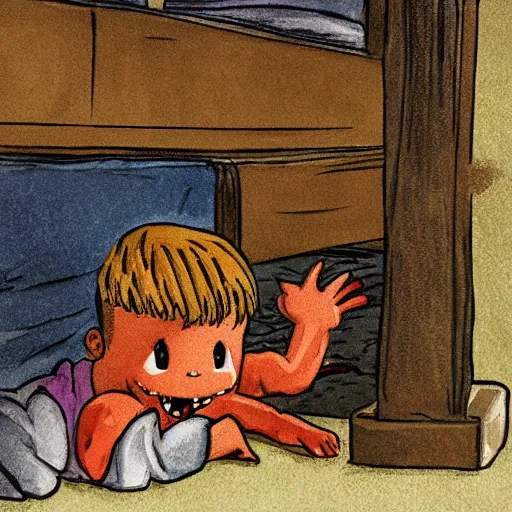 Prompt: a boy finds a small monster under his bed in the style of leo lionni