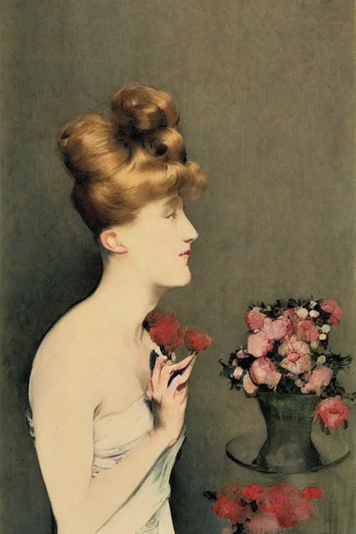 Image similar to european woman in a gown getting ready for a party, bloom flowers, modern, eclectic, illustration, by ramon casas