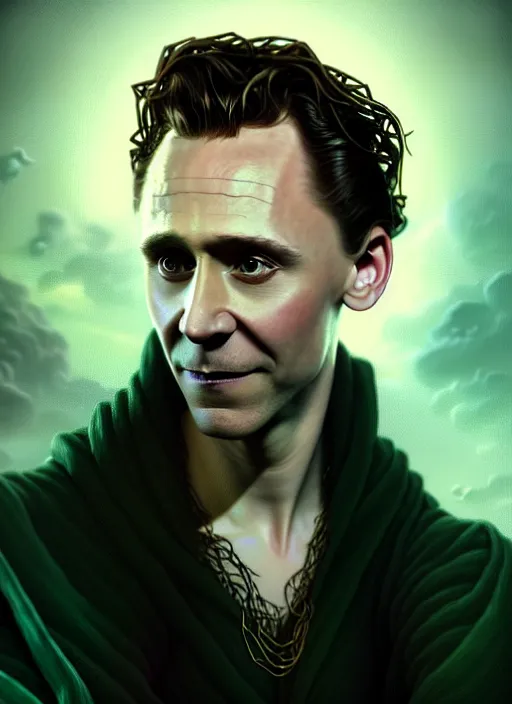 Image similar to portrait of tom hiddleston as a sultry vampire lord, loki, jewelry, greek, emerald, intricate, headshot, highly detailed, digital painting, artstation, concept art, sharp focus, cinematic lighting, illustration, art by artgerm and greg rutkowski, alphonse mucha, cgsociety