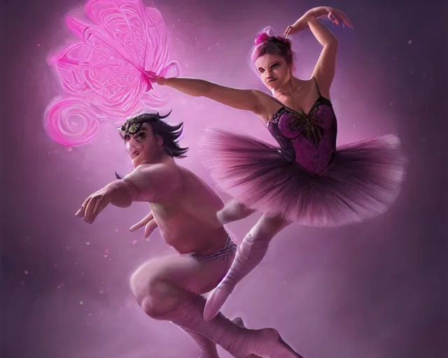 Image similar to photography of jack black dancing in a pink ballerina outfit, full body shot, deep focus, d & d and mtg, fantasy, intricate, elegant, highly detailed, digital painting, artstation, concept art, matte, sharp focus, illustration, hearthstone, art by stanley lau and artgerm