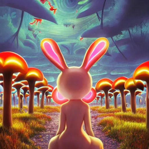 Image similar to 4 k headshot portrait of a psychedelic demonic anthropomorphic bunny rabbit with mushroom themed clothes, magic mushroom village in background. award winning, stylized neon, post - processing, masterpiece, superb resolution. in the art style of junji ito and greg rutkowski. detailed mushroom city in background. hyper realistic anime. perfect art. dalle 2