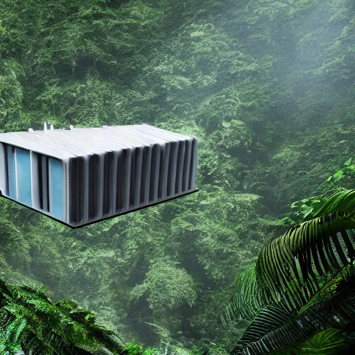 Image similar to extreme wide shot a futuristic containment building in a rainforest valley with a city in the distance, national geographic, hyper realistic, 4 k, harsh light, artstation