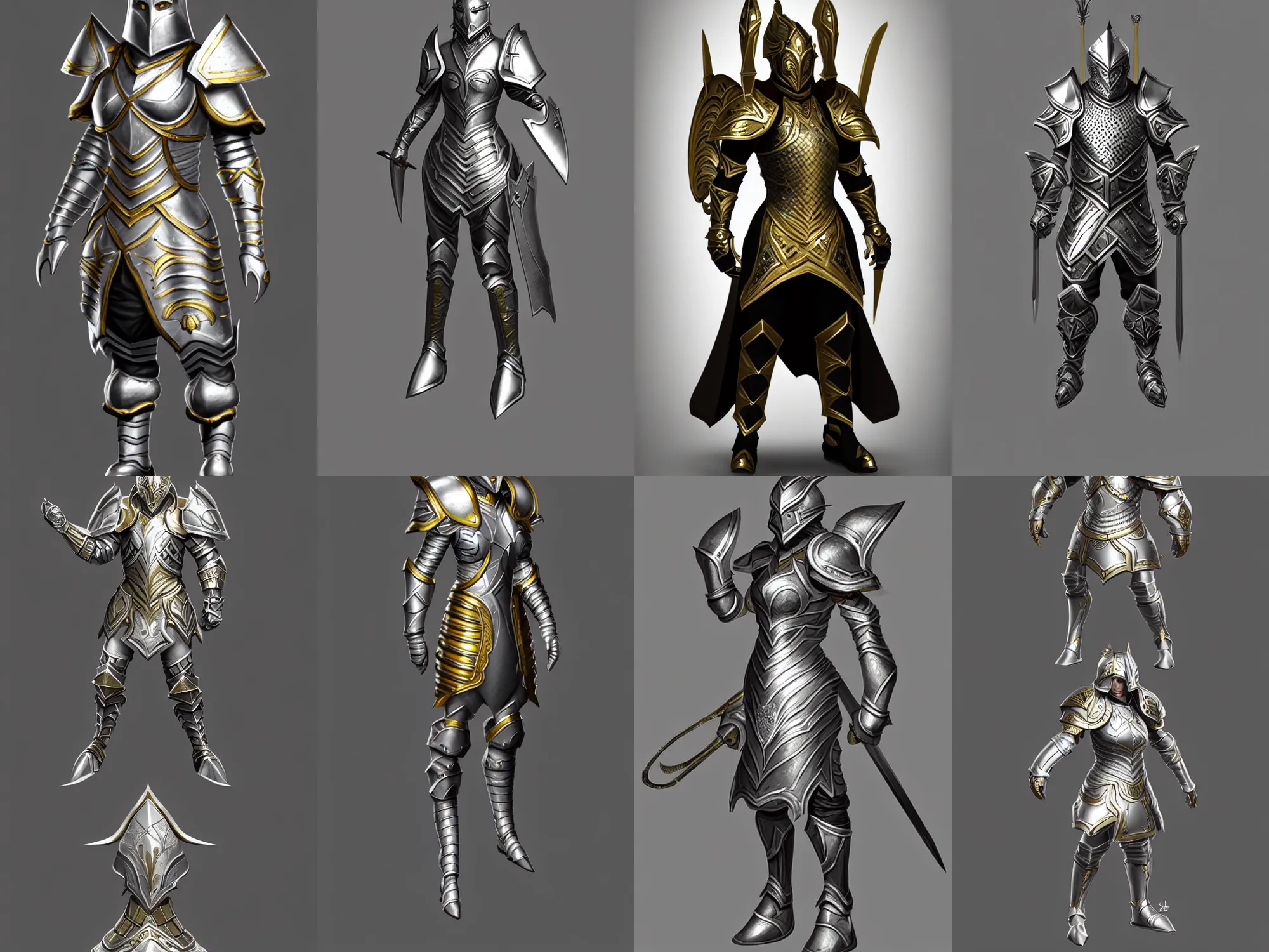 Prompt: noble warrior armor, silver with gold trim, extremely polished, exaggerated proportions, trending on polycount, fantasy character portrait, professional concept art, front view, A-pose, full body