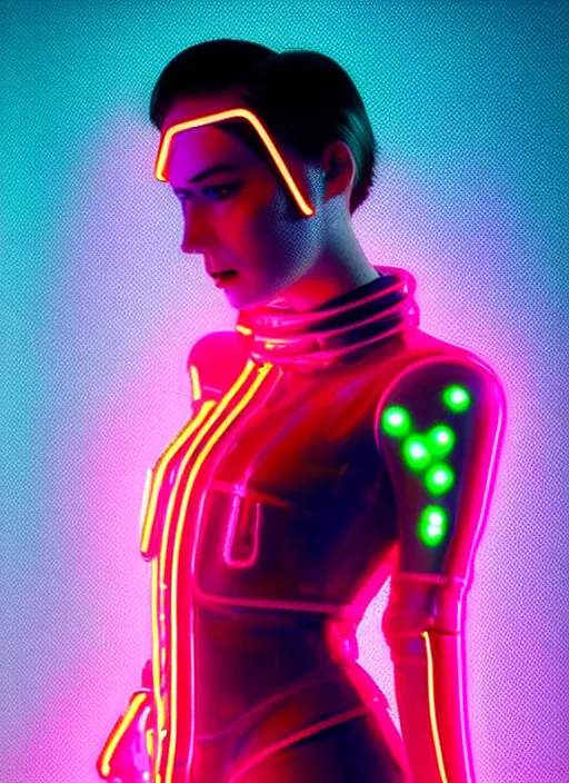 Image similar to a sensual female humanoid with freckles cheeks, retro futurism, cyber neon lighting, detailed futuristic jewelry, retro futuristic glossy latex suit, transparent vest, profile posing, hyper photorealistic, crispy quality, digital photography, trending in artstation, trending in pinterest, cinematic, 4 k ultra hd, art by pascal blanche, art by greg rutkowski,