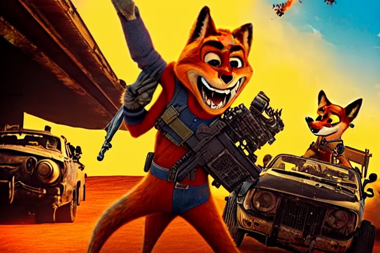 Image similar to nick wilde, heavily armed and armored facing down armageddon in a dark and gritty reboot from the makers of mad max : fury road : witness me