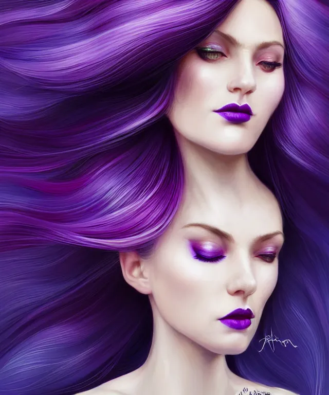 Image similar to Portrait of a woman with bright colored flying hair, all shades of purple. Hair coloring, beautiful lips and makeup. Hair fluttering in the wind, amber eyes, face, long hair, fantasy, intricate, elegant, highly detailed, digital painting, artstation, concept art, smooth, sharp focus, illustration, art by artgerm and greg rutkowski and alphonse mucha