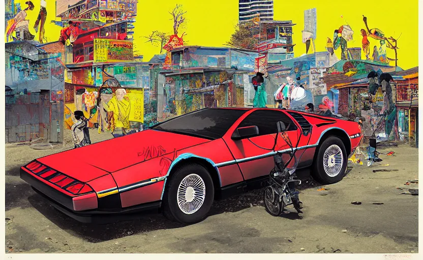 Image similar to a red delorean and a yellow tiger in ajegunle slum of lagos - nigeria, painting by hsiao - ron cheng, utagawa kunisada & salvador dali, magazine collage style,