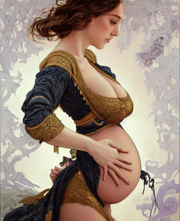 Image similar to a highly detailed portrait of a pregnant woman, intricate silk set, honey birdette, deep focus, d & d, fantasy, intricate, elegant, highly detailed, digital painting, artstation, concept art, matte, sharp focus, illustration, hearthstone, photography of charline von heyl, art by artgerm and greg rutkowski and alphonse mucha