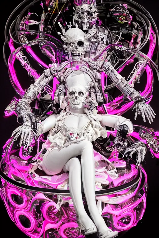 Prompt: full-body rococo and cyberpunk style neon statue of a young attractive portugues macho dotado android reclining sim roupa con piroca dura, glowing white laser eyes, prince crown of pink gears, diamonds, swirling silver-colored silk fabric. futuristic elements. full-length view. space robots. human skulls. intricate artwork by caravaggio. Trending on artstation, octane render, cinematic lighting from the right, hyper realism, octane render, 8k, depth of field, 3D
