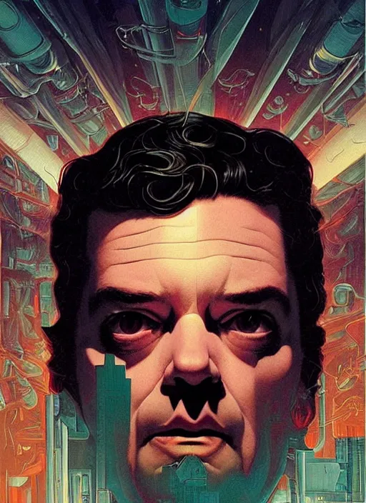 Image similar to poster artwork by Michael Whelan and Tomer Hanuka, Karol Bak of portrait of Stanley Kubrick, from scene from Twin Peaks, clean