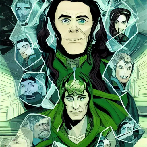 Image similar to The artwork for a graphic novel, Loki, the god of mischief, in a variety of emotional states. Lee Garbett, 2015. illustration, wonderfully detailed, each expression on face is well captured.