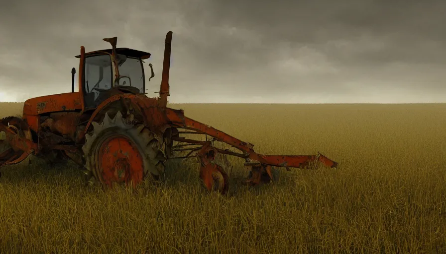 Image similar to abandoned old 2 0 0 0's belgian farm with vegetation, abandoned rusted tractor, morning, hyperdetailed, artstation, cgsociety, 8 k