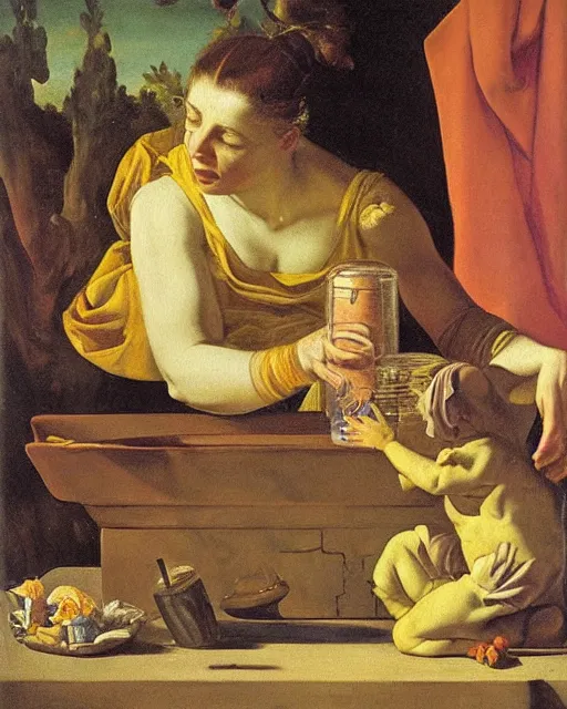 Image similar to a painting of pandora opening her jar, releasing critters that impersonate sickness and death by artemisia gentileschi