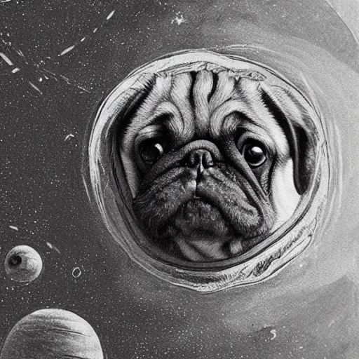 Prompt: pencil art, golden - ratio, spirals, highly detailed, panorama, astronaut pug in outer space by davinci.