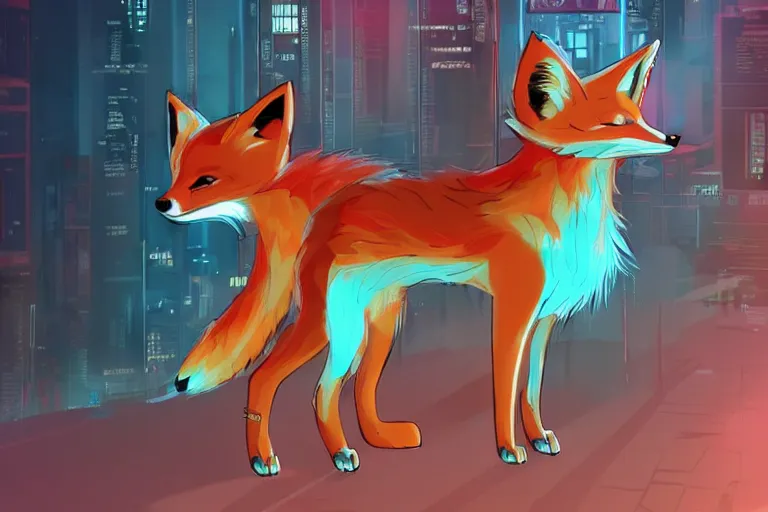 Prompt: a fox fursona with a fluffy tail in a cyberpunk city, trending on artstation, by kawacy, neon backlighting, furry art