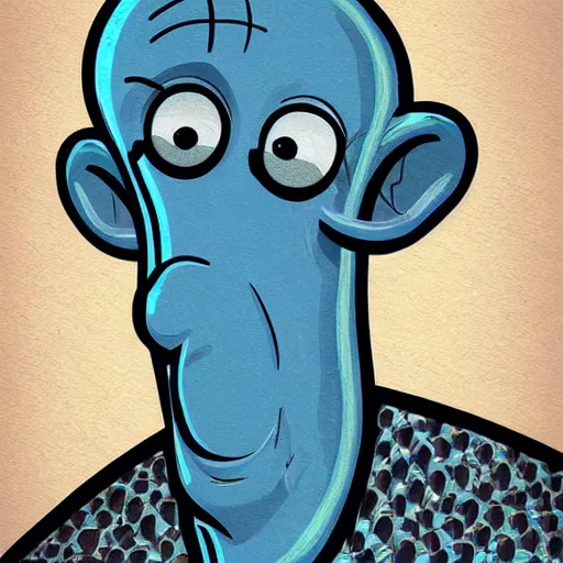 Image similar to handsome squidward as male, detailed, vivid colors, pop art style, portrait, detailed painting, man, realistic