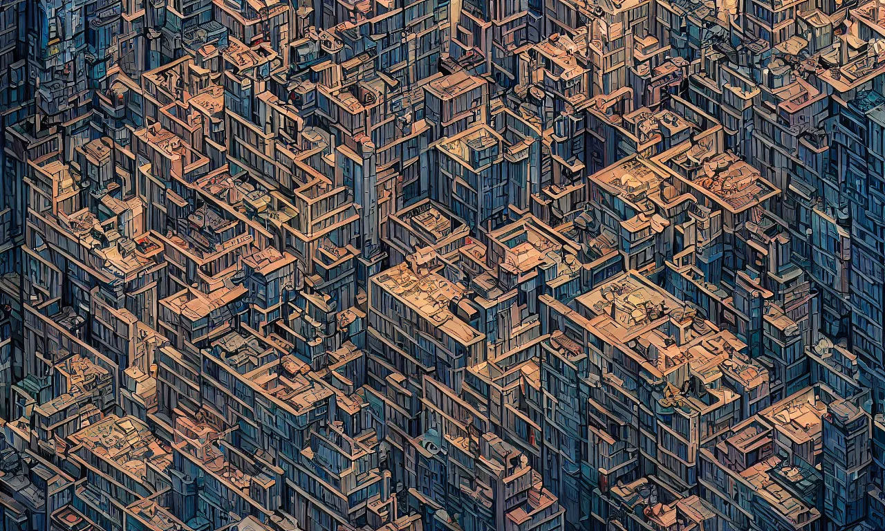 Image similar to A hyper real comic book style portait painting of downtown los angeles in the style of MC Escher, Maurits Cornelius Escher, unreal 5, hyperrealistic, octane render, cosplay, RPG portrait, dynamic lighting