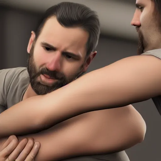 Image similar to man being grabbed by another man, photorealistic, high detail