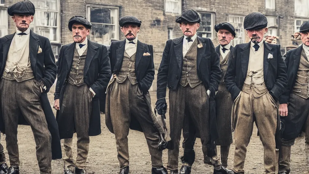 Image similar to a group of shrimps dressed like the peaky blinders