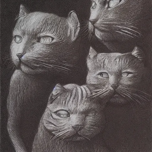 Image similar to a group of cats playing with human heads, drawing by zdzislaw beksinski