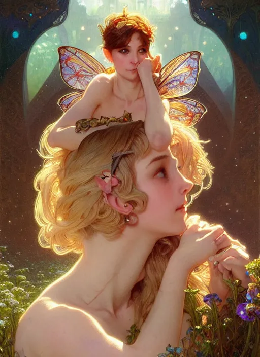 Image similar to group photo of pixie and fairy and sprite, intricate, social media, soft face, highly detailed, digital painting, artstation, concept art, sharp focus, cinematic lighting, illustration, art by artgerm and greg rutkowski, alphonse mucha, cgsociety