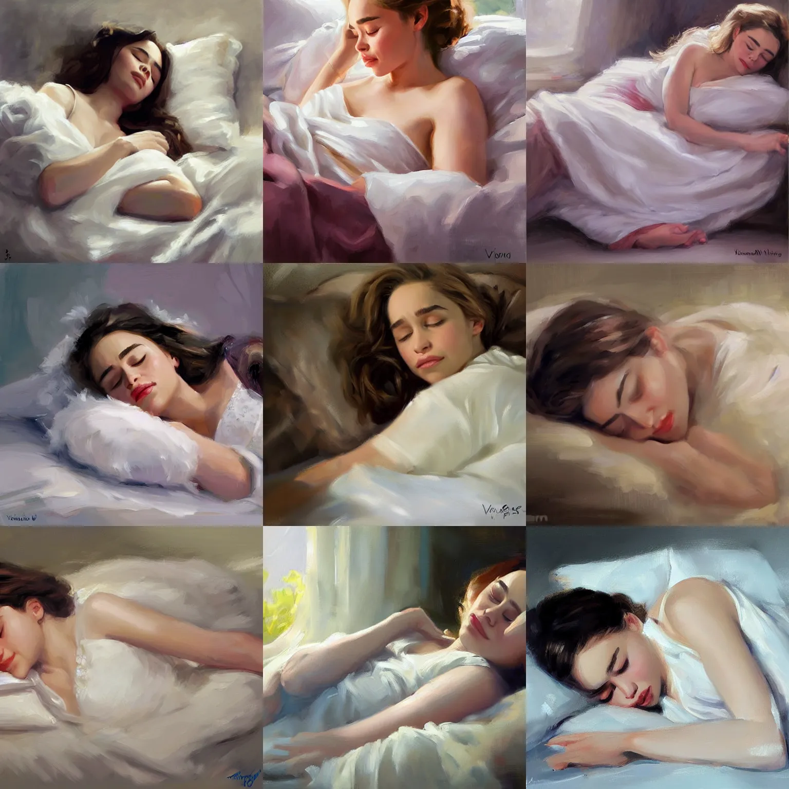 Prompt: emilia clarke sleeping, painting by Vladimir Volegov