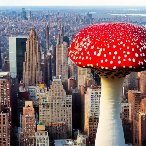 Prompt: a giant amanita muscaria in the New York skyline