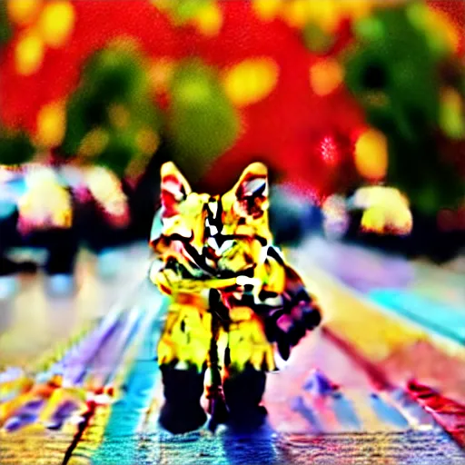 Image similar to anthropomorphic cute kitten wearing a yellow raincoat and yellow boots and red backpack standing next to a schoolbus on the first day of kindergarten, with colorful fall leaves and light rain, critical moment photograph