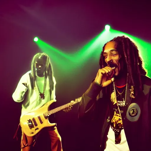 Image similar to a dramatic photograph of snoop dog jamming with bob marley in an infinite universe of mystical light, ground haze, dramatic lighting, filmic, cinematographic, sci - fi