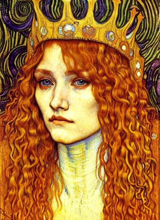 Image similar to detailed realistic beautiful young medieval queen face portrait by jean delville, gustav klimt and vincent van gogh, art nouveau, symbolist, visionary, gothic, pre - raphaelite, muted earthy colors, desaturated