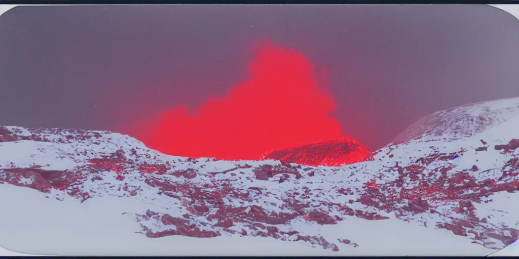 Prompt: polaroid photo of a vulcanic eruption in a snowy icy area, bright red lava, bright white snow and ice