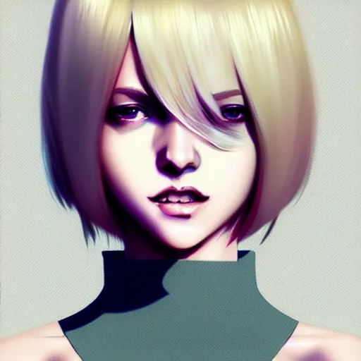 Image similar to urban girl fanart, blond bob haircut, muted colors, matte print, pastel colors, ornate, digital art, cute smile, digital painting, fan art, elegant, pixiv, by maciej kuciara