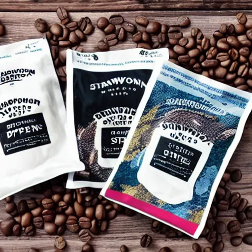 Image similar to a bag of stumptown coffee beans, graphic design, great white shark