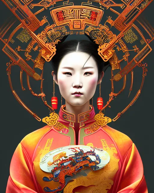 Image similar to portrait of a chinese cyberpunk machine, machine face, arms, upper half portrait, decorated with chinese opera motifs, regal, asian, fine china, wuxia, traditional chinese art intricate intense elegant 京 剧 highly detailed digital painting artstation concept art smooth sharp focus illustration, art by artgerm and greg rutkowski alphonse mucha 8 k