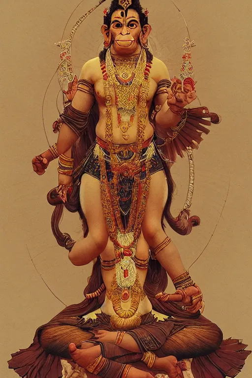 Image similar to a full body portrait of a beautiful ornated hanuman god, meditative sacral pose, hindu stages of meditation, intricate, elegant, highly detailed, line art!!!!, artstation, concept art, smooth, sharp focus, illustration, art by krenz cushart and artem demura and alphonse mucha