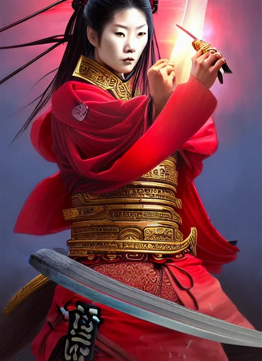 Image similar to ultra realistic illustration of a wrathful samurai warrior woman dressed in red holding a lotus flower, killing street thugs dressed in blue garb, cinematic scene, intricate, elegant, highly detailed, lotus flower, digital painting, artstation, concept art, smooth, sharp focus, illustration, art by artgerm and greg rutkowski and alphonse mucha and wlop