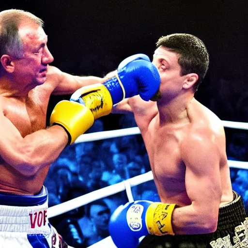 Prompt: volodymyr zelensky beating putin in a boxing match