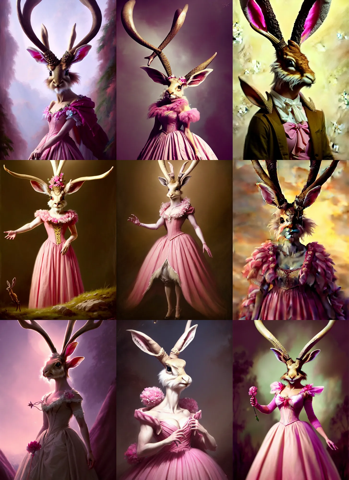 Prompt: a beautiful closeup shot from a fantasy film of a humanoid jackalope wearing a pink ballgown, anthropomorphic jackalope, full body portrait, joseph ducreux, greg rutkowski.