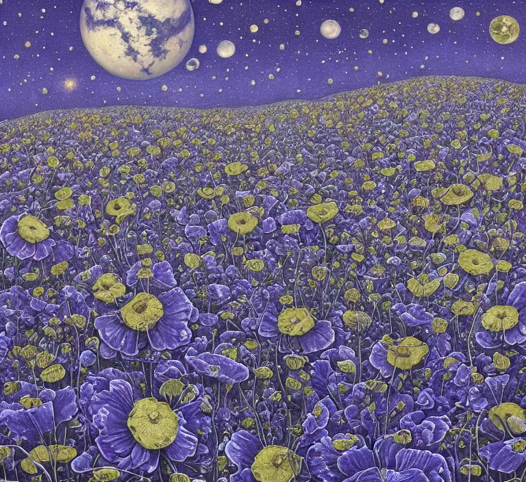 Image similar to detailed, intricate blue black and purple papaverum flower on the field, nebula, galaxy in the sky, winning award masterpiece, fantastically beautiful, illustration, aestheticly inspired, jacek yerka, upscale with anguissola sofonisba work, artstation, 8 k