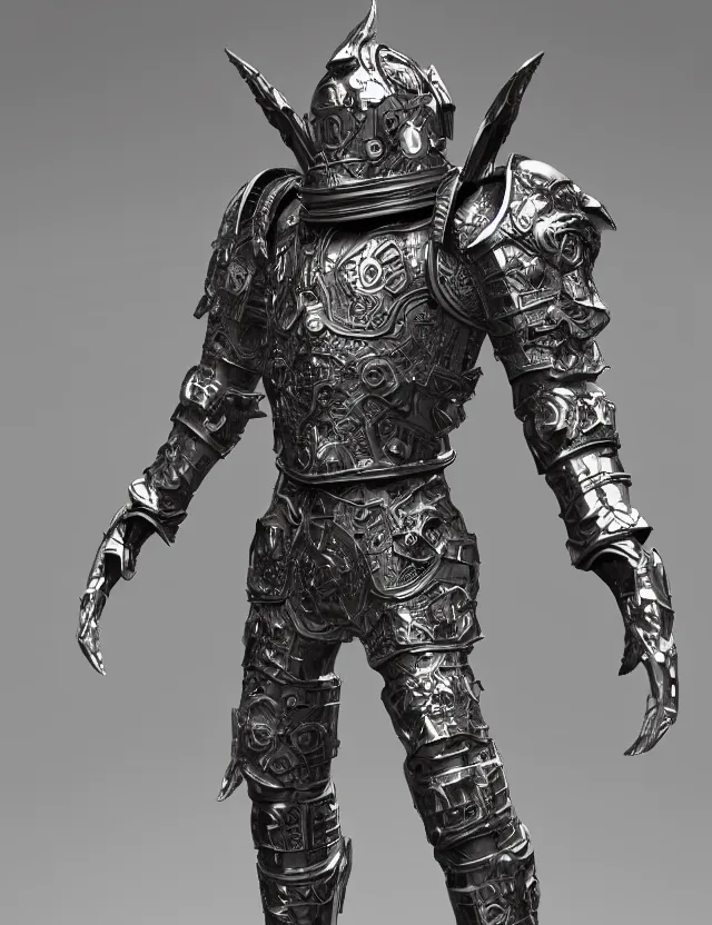 Image similar to full body shot, digital realistic 3 d rendering of a futuristic retro spacepunk intricate armor holy paladin with light powers and intricate head armor, highly detailed, 4 k, hdr, smooth, sharp focus, high resolution, award - winning photo., corona render, substance painter hyper detailed armor. trending on art statation
