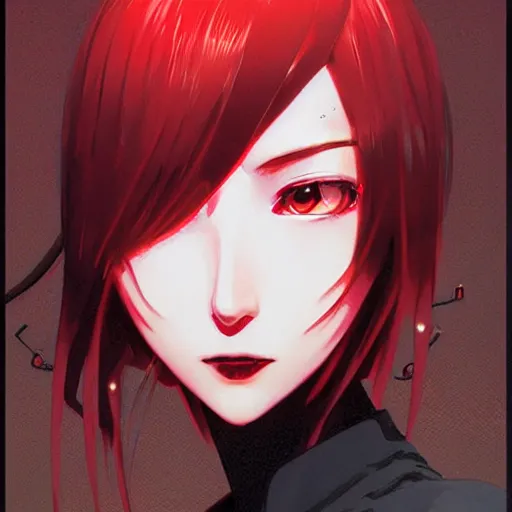 Image similar to A cyborg girl with big and cute red eyes, fine-face, realistic shaded perfect face, fine details. red and black robotic parts. Very very anime. Realistic shaded lighting poster by Ilya Kuvshinov katsuhiro otomo ghost-in-the-shell, magali villeneuve, artgerm, Jeremy Lipkin and Michael Garmash, Rob Rey and Kentarõ Miura style, trending on art station