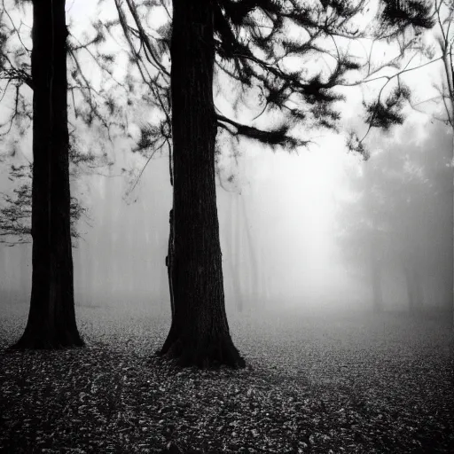 Image similar to deep misty forest with black hairy demon behind the tree, monochrome lomography