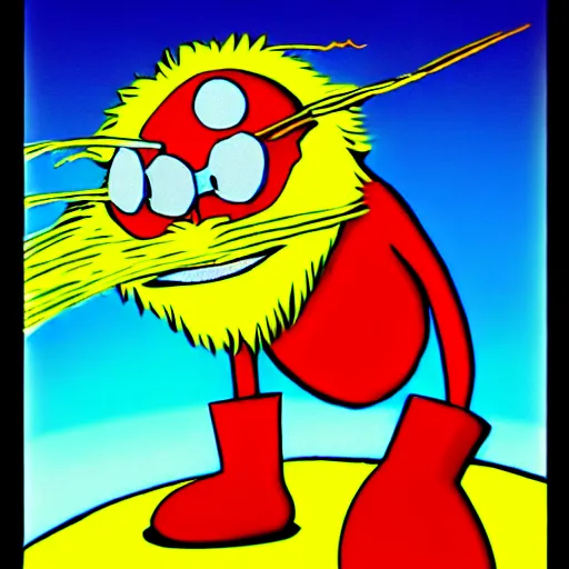 Image similar to professional illustration of dr. robotnik standing over the lorax, the lorax is llaying down and making a longing face, blushing, digital drawing, black outlines, dark lighting, a moonlight glow is coming from a window