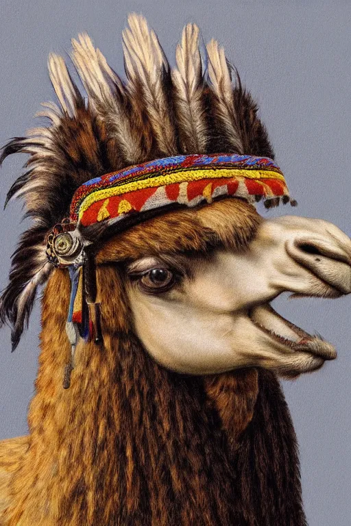 Image similar to hyperrealism close-up portrait llama in War bonnet in style of da Vinci